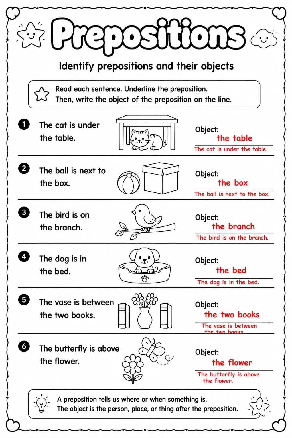 Answer key for Identify prepositions and their objects — free printable English & Reading worksheet