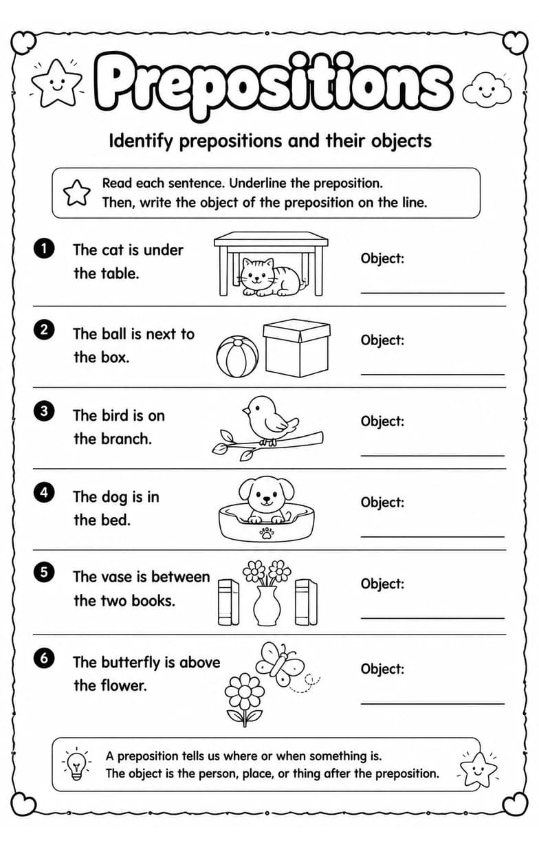 Identify prepositions and their objects — free printable Grade 3 English & Reading worksheet