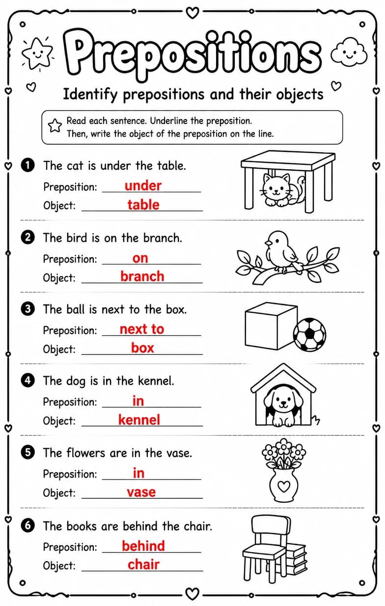 Answer key for Identify prepositions and their objects — free printable English & Reading worksheet
