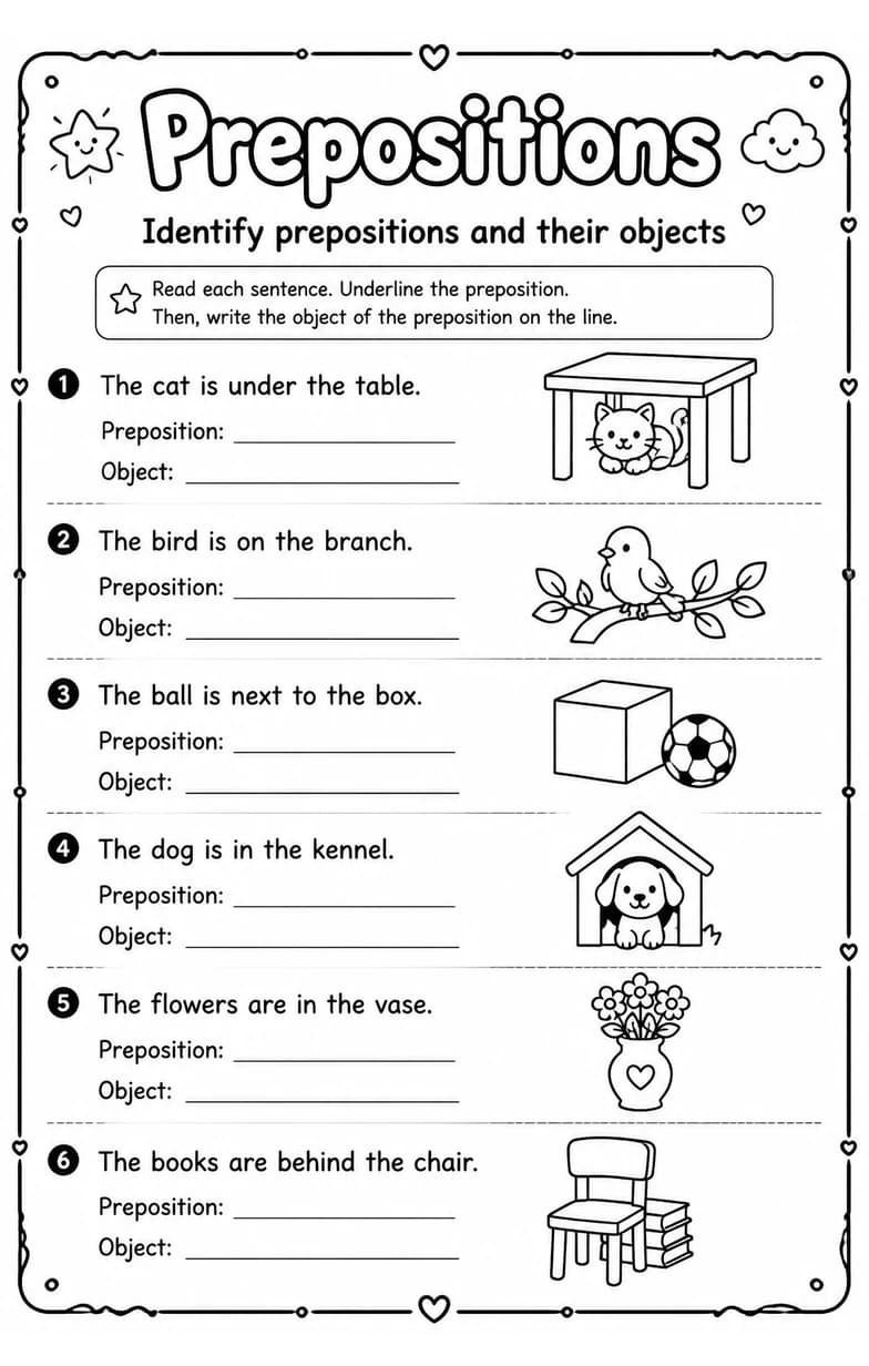 Identify prepositions and their objects — free printable Grammar and mechanics English worksheet
