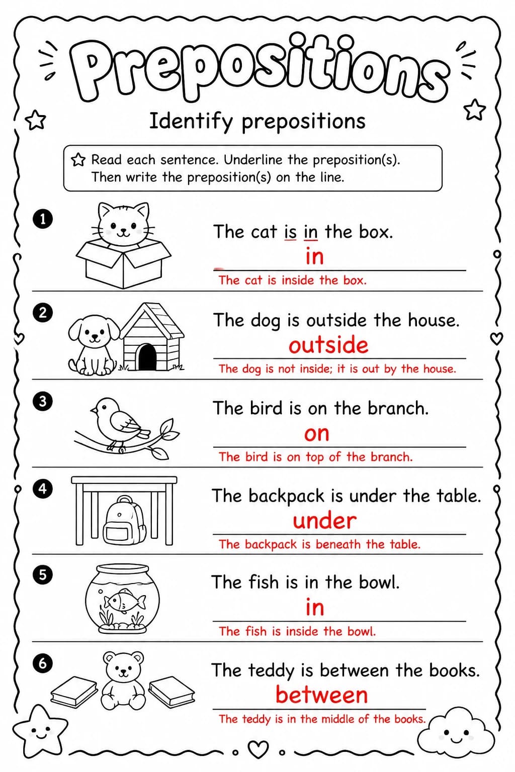 Answer key for Identify prepositions — free printable English & Reading worksheet