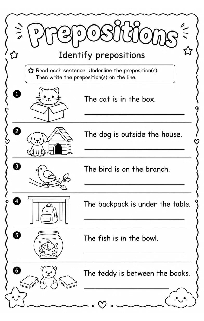 Identify prepositions — free printable Grade 3 English & Reading worksheet