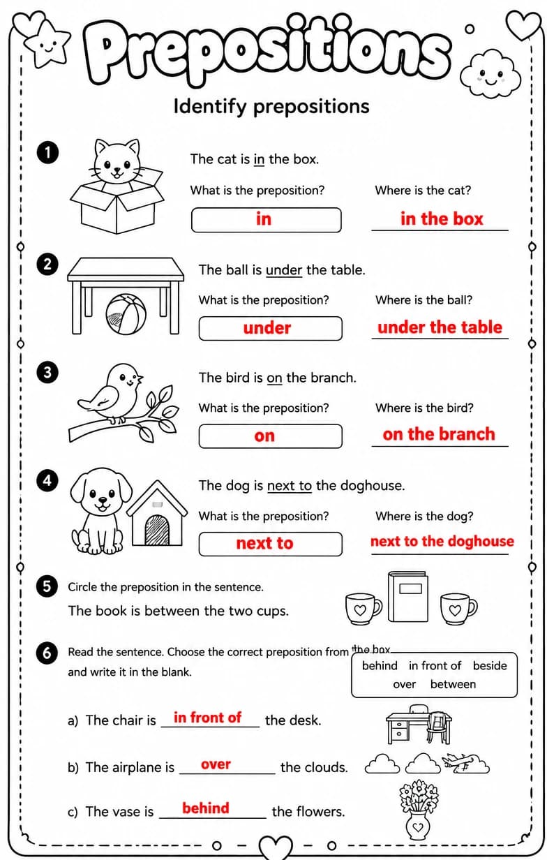 Answer key for Identify prepositions — free printable English & Reading worksheet