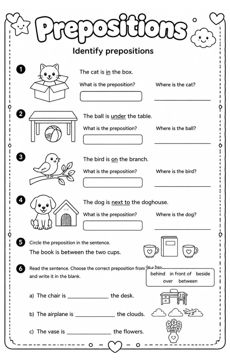 Identify prepositions — free printable Grammar and mechanics English worksheet