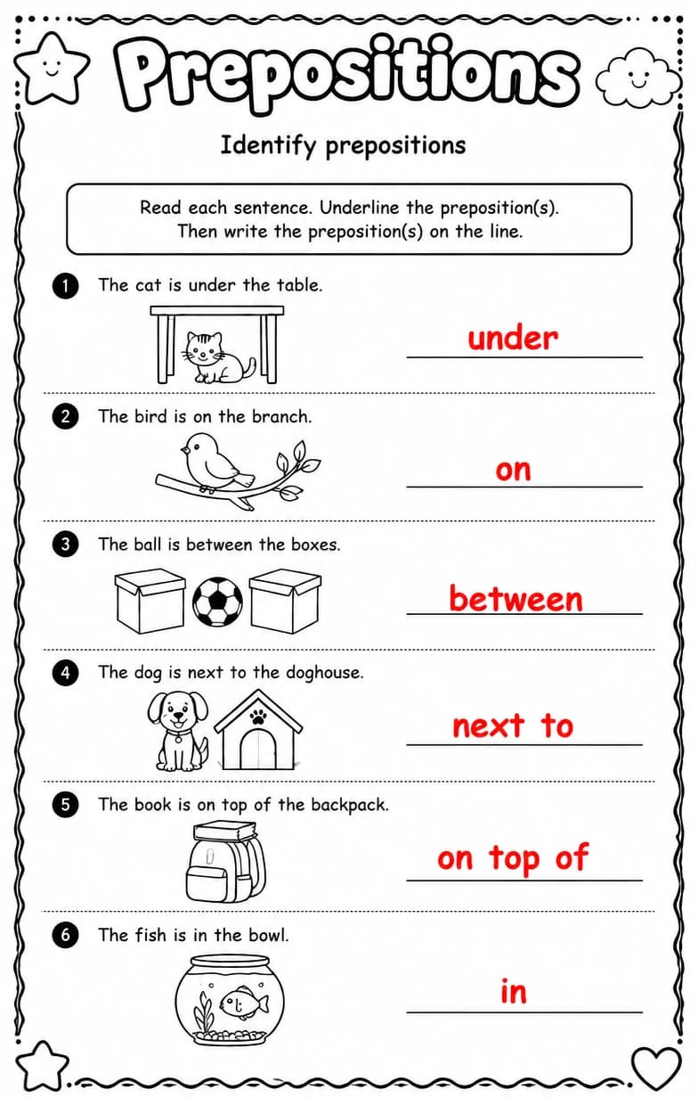 Answer key for Identify prepositions — free printable English & Reading worksheet