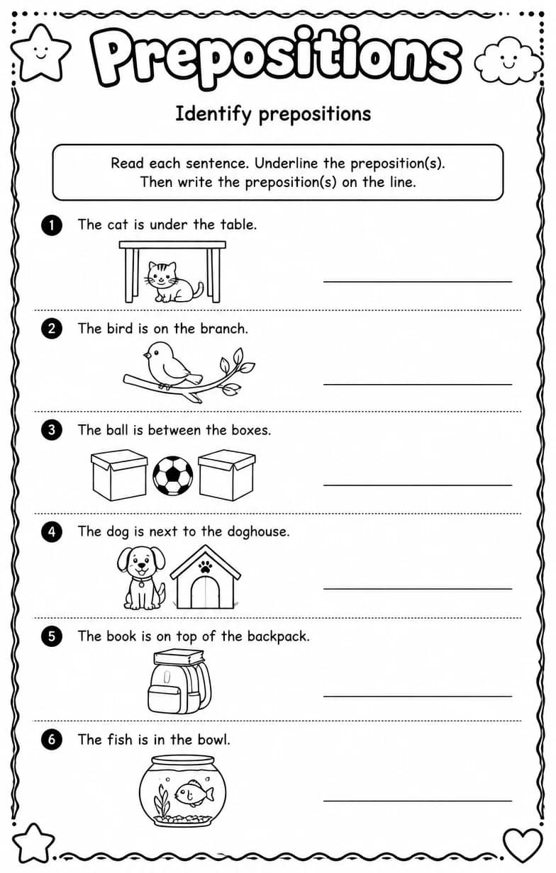 Identify prepositions — free printable Grammar and mechanics English worksheet