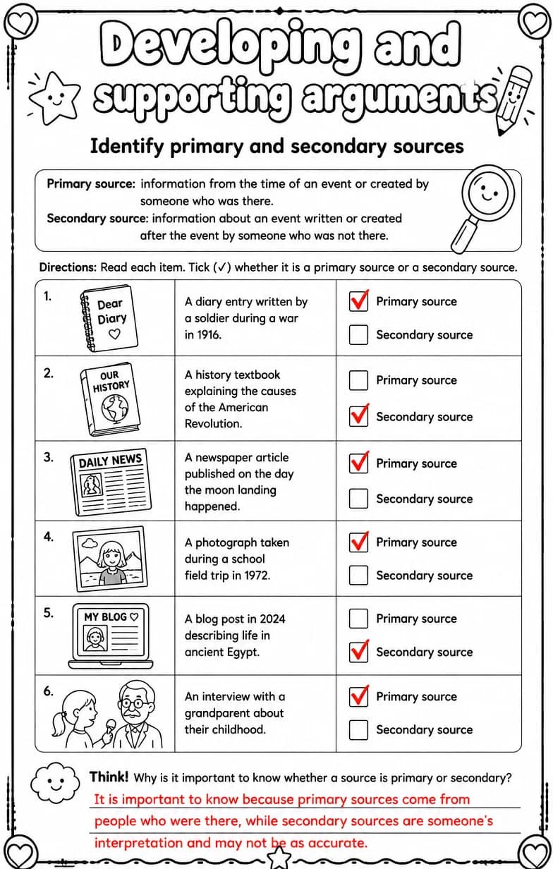 Answer key for Identify primary and secondary sources — free printable English & Reading worksheet