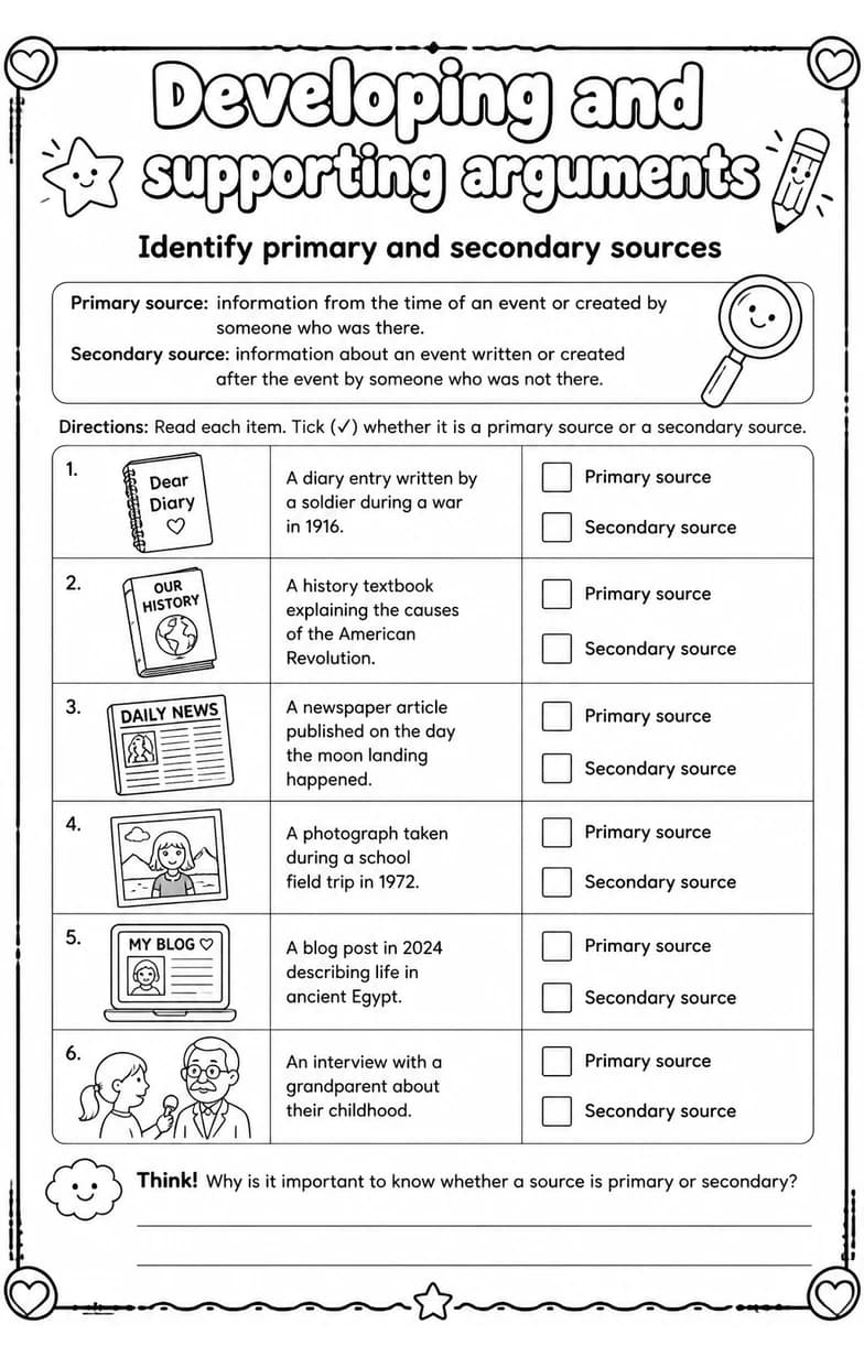 Identify primary and secondary sources — free printable Writing strategies English worksheet