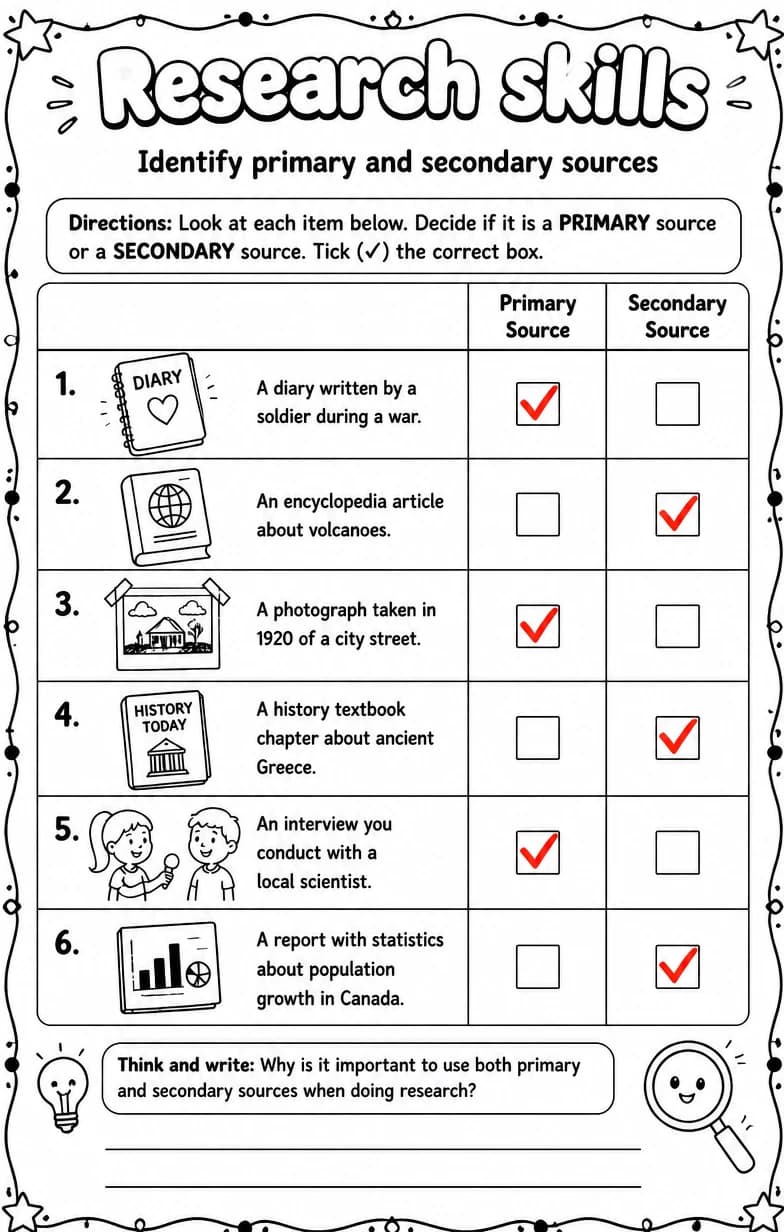Answer key for Identify primary and secondary sources — free printable English & Reading worksheet