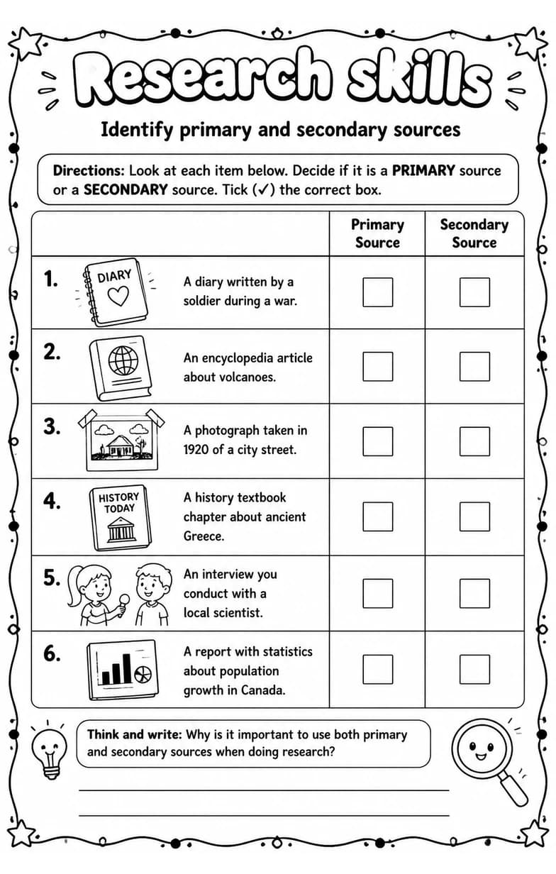 Identify primary and secondary sources — free printable Grade 5 English & Reading worksheet