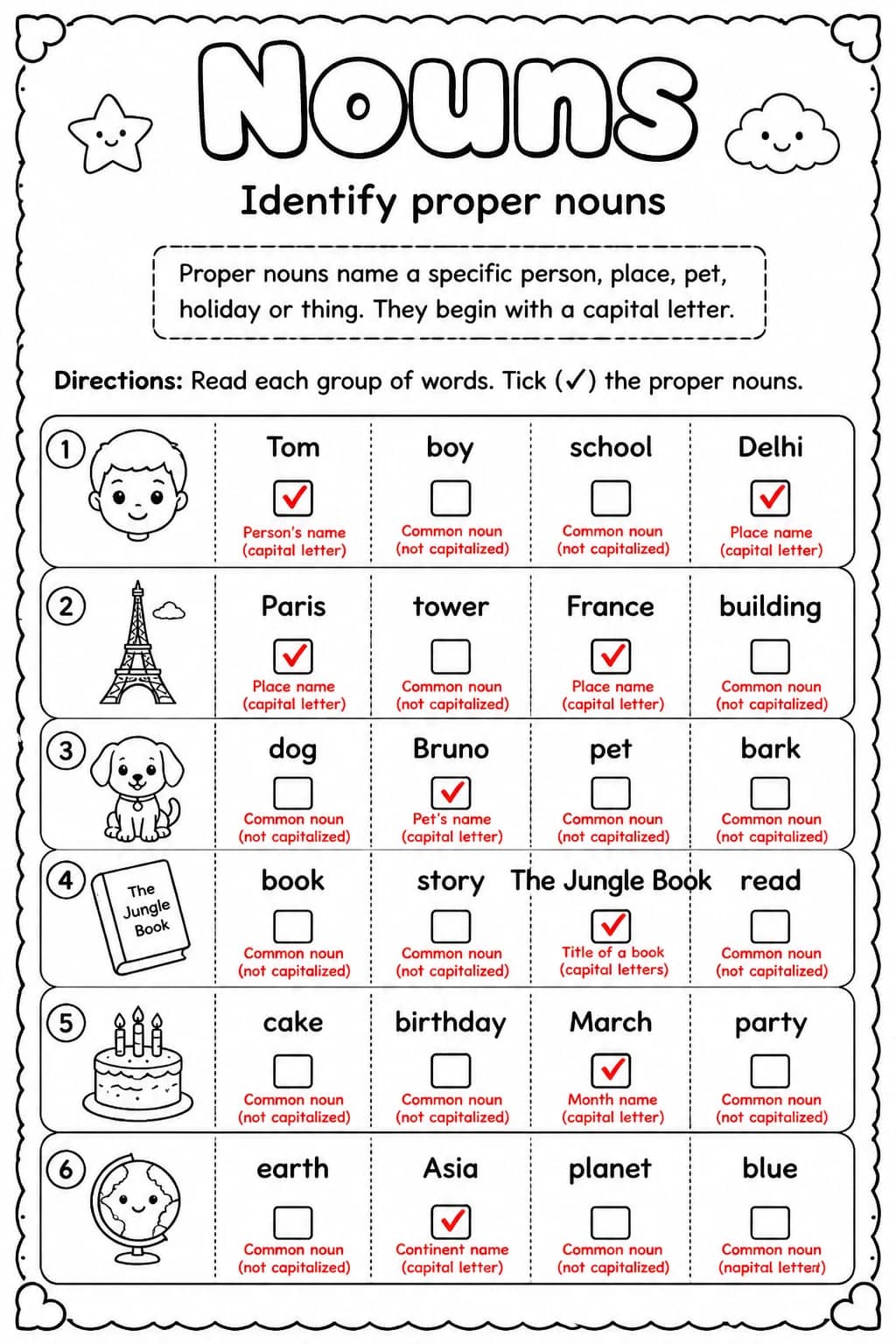 Answer key for Identify proper nouns — free printable English & Reading worksheet