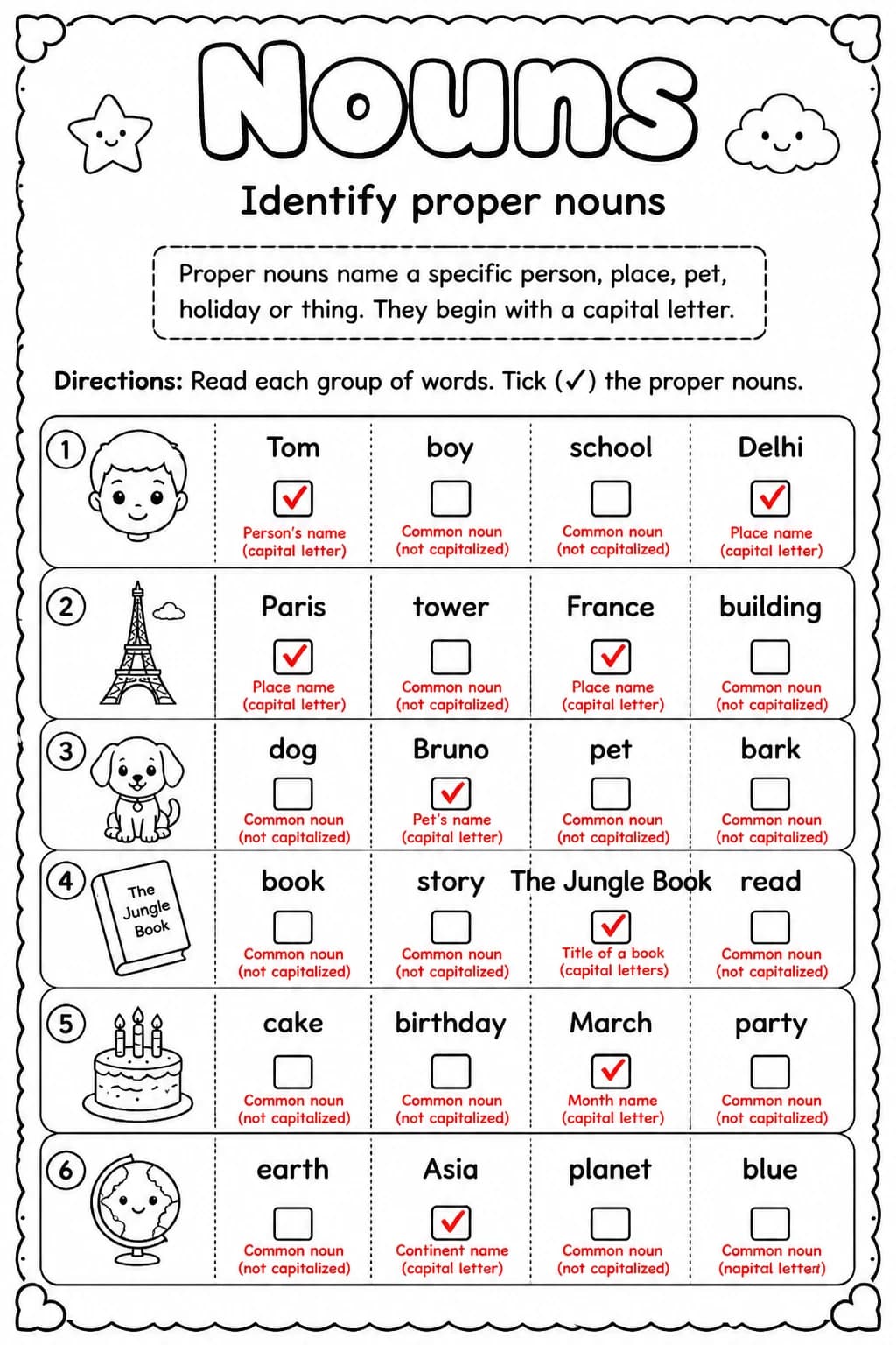 Answer key for Identify proper nouns — free printable English & Reading worksheet
