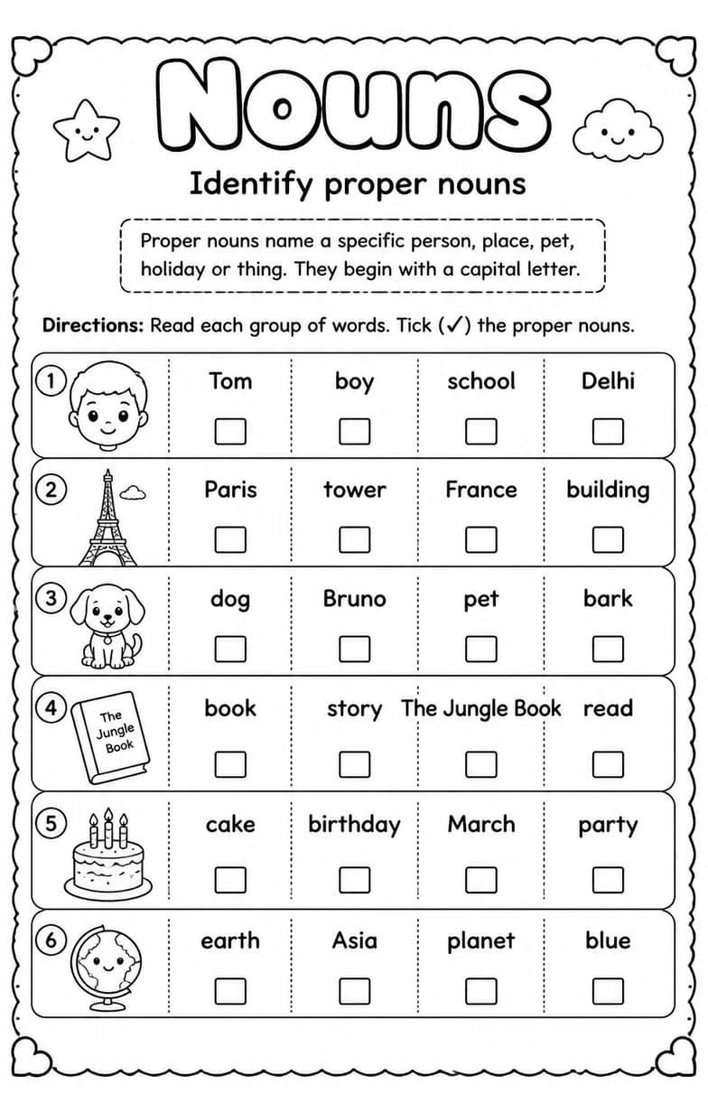 Identify proper nouns — free printable Grade 1 English & Reading worksheet