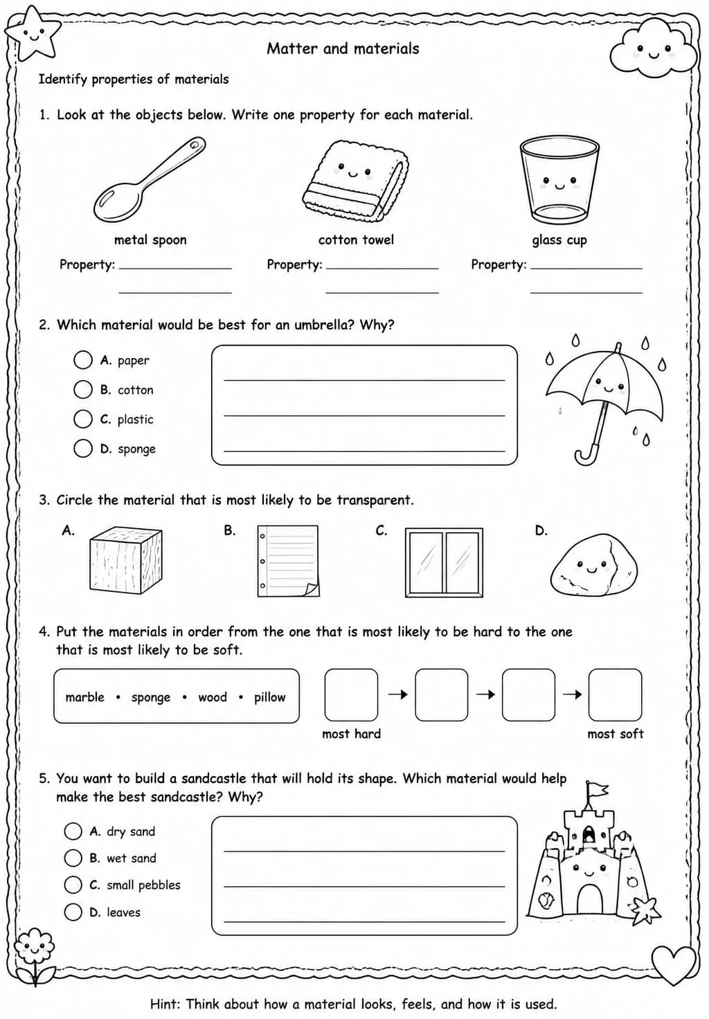 Identify properties of materials — free printable Grade 3 Science worksheet
