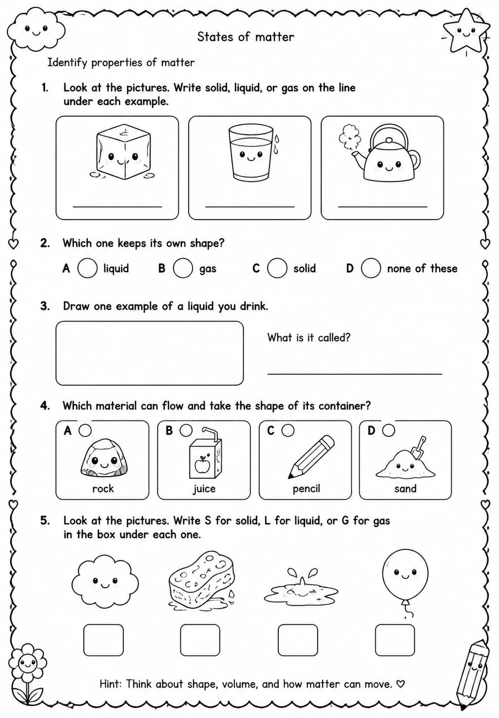 Identify properties of matter — free printable Grade 1 Science worksheet