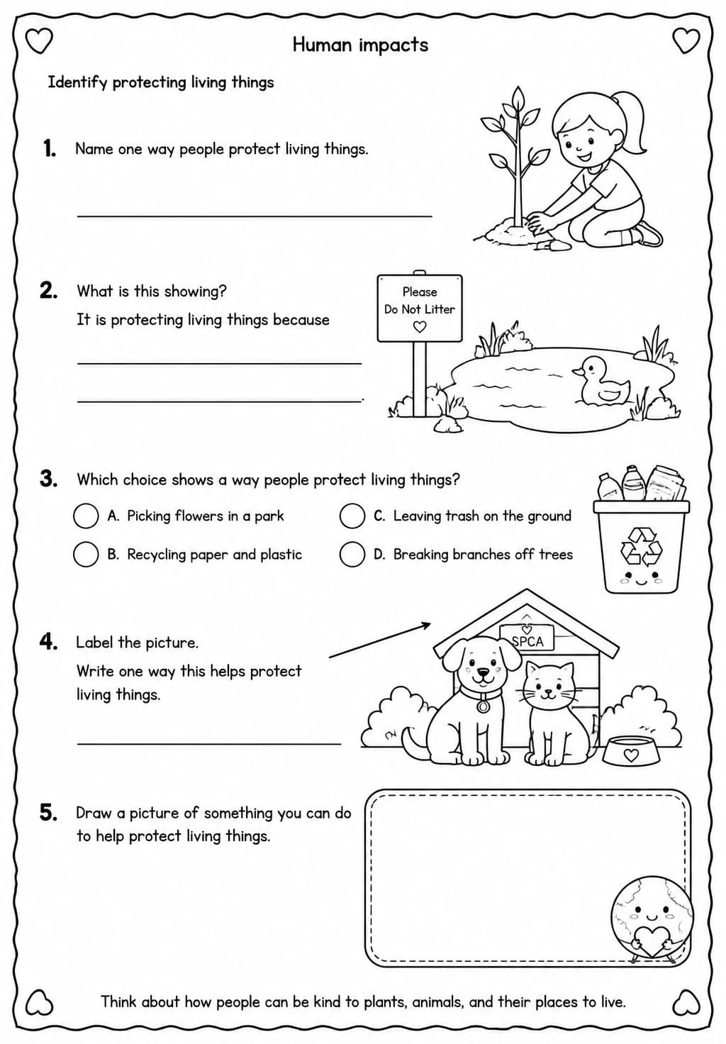 Identify protecting living things — free printable Grade 2 Science worksheet
