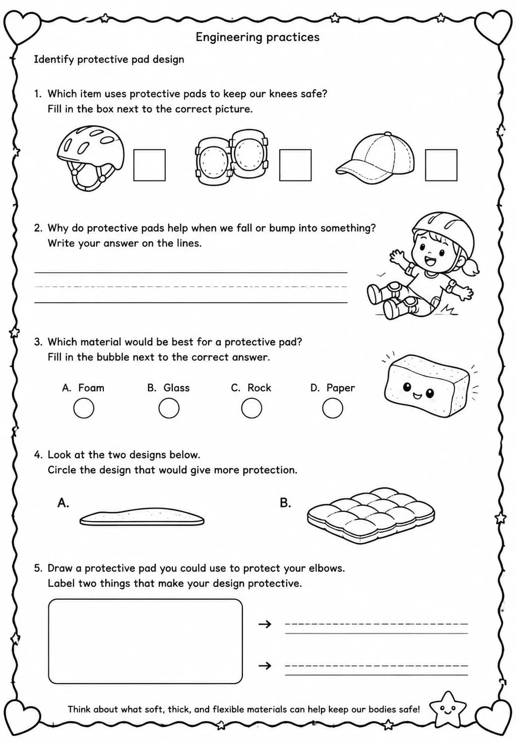 Identify protective pad design — free printable Grade 1 Science worksheet