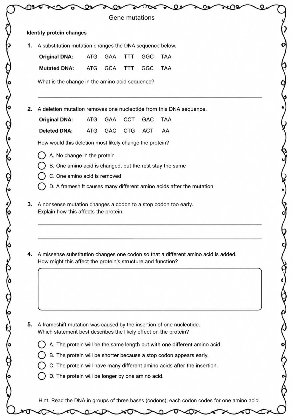 Identify protein changes — free printable Middle School Science worksheet