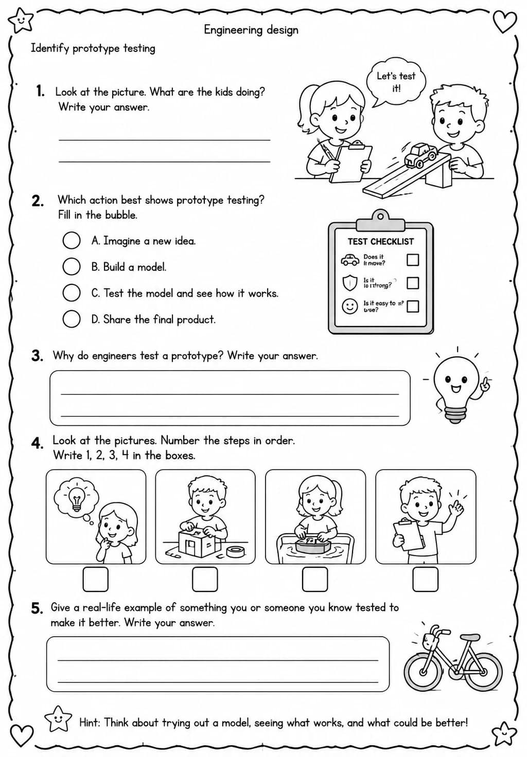 Identify prototype testing — free printable Grade 3 Science worksheet