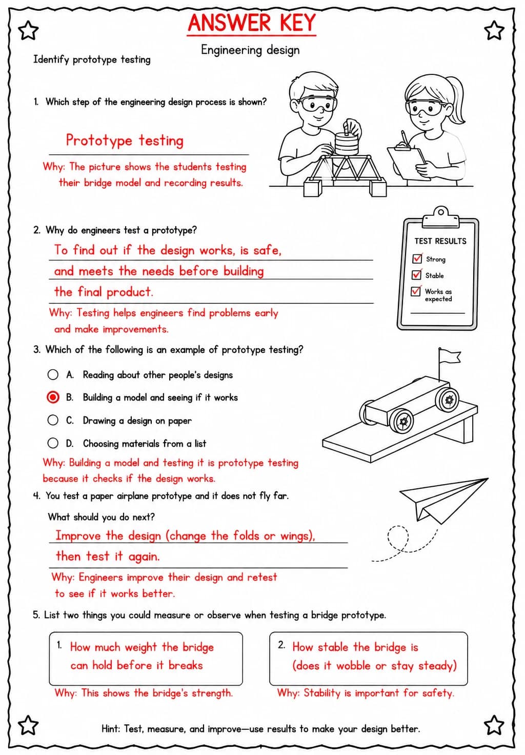Answer key for Identify prototype testing — free printable Science worksheet