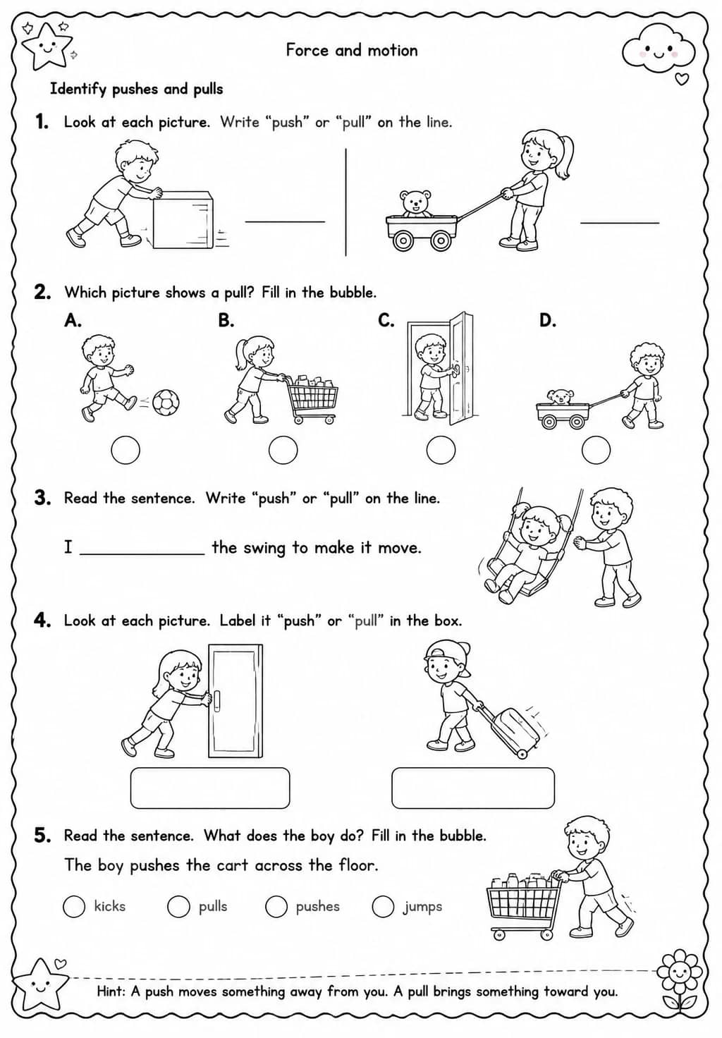 Identify pushes and pulls — free printable Grade 1 Science worksheet