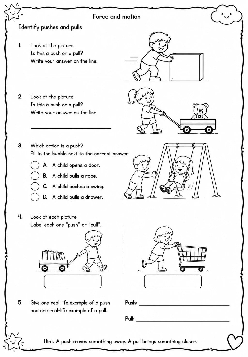 Identify pushes and pulls — free printable Grade 2 Science worksheet