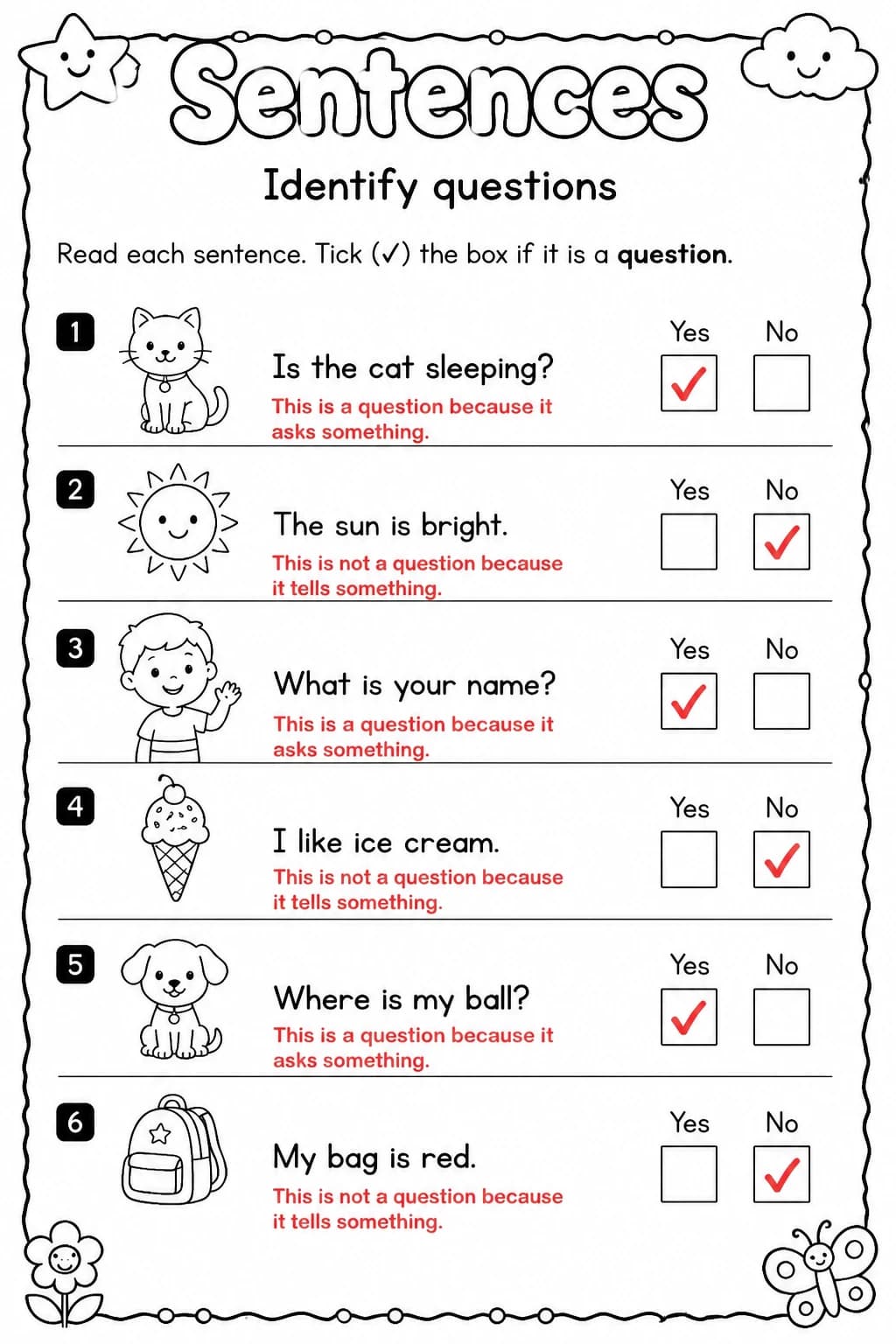 Answer key for Identify questions — free printable English & Reading worksheet