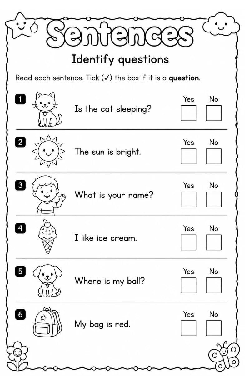 Identify questions — free printable Grammar and mechanics English worksheet