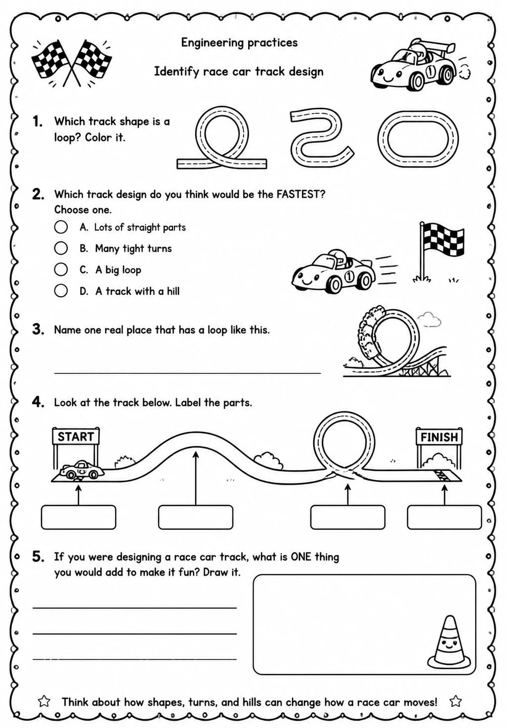 Identify race car track design — free printable Grade 1 Science worksheet
