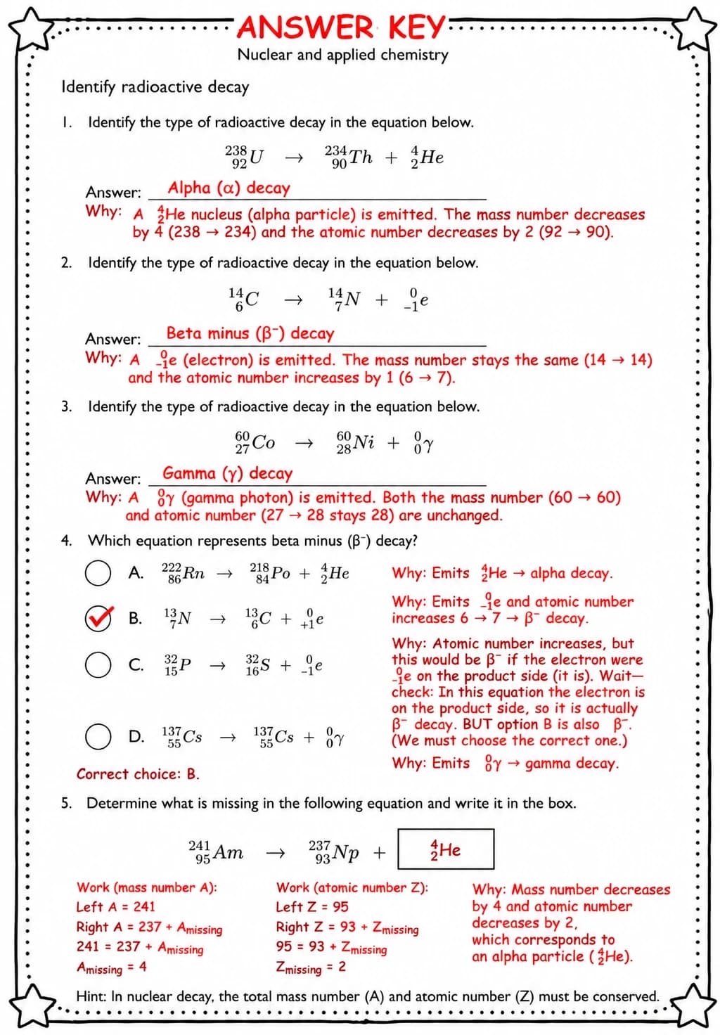 Answer key for Identify radioactive decay — free printable Science worksheet