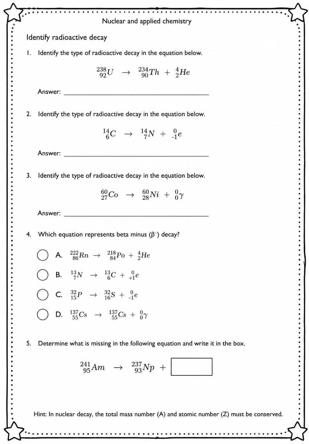 Identify radioactive decay — free printable High School Science worksheet