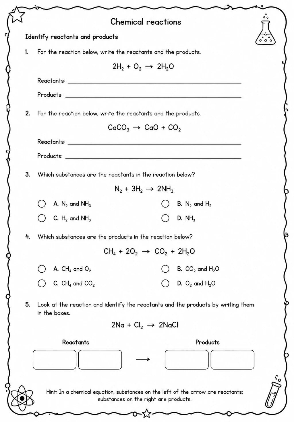 Identify reactants and products — free printable Middle School Science worksheet