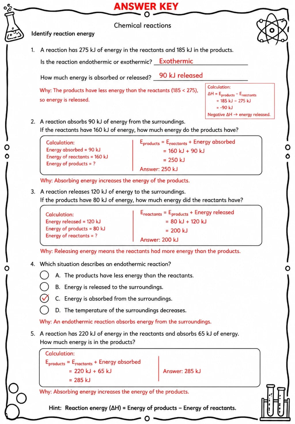 Answer key for Identify reaction energy — free printable Science worksheet