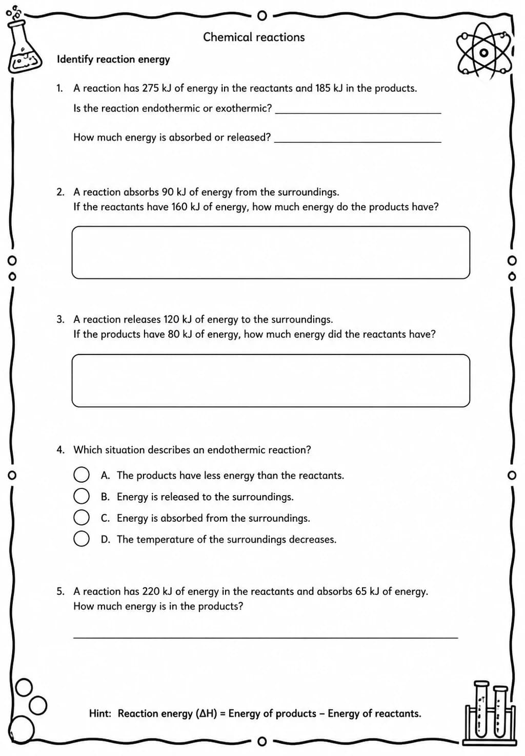 Identify reaction energy — free printable Middle School Science worksheet