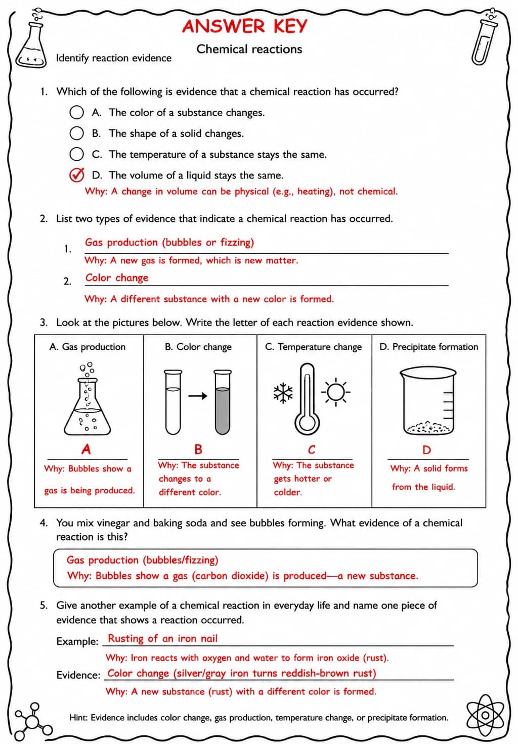 Answer key for Identify reaction evidence — free printable Science worksheet