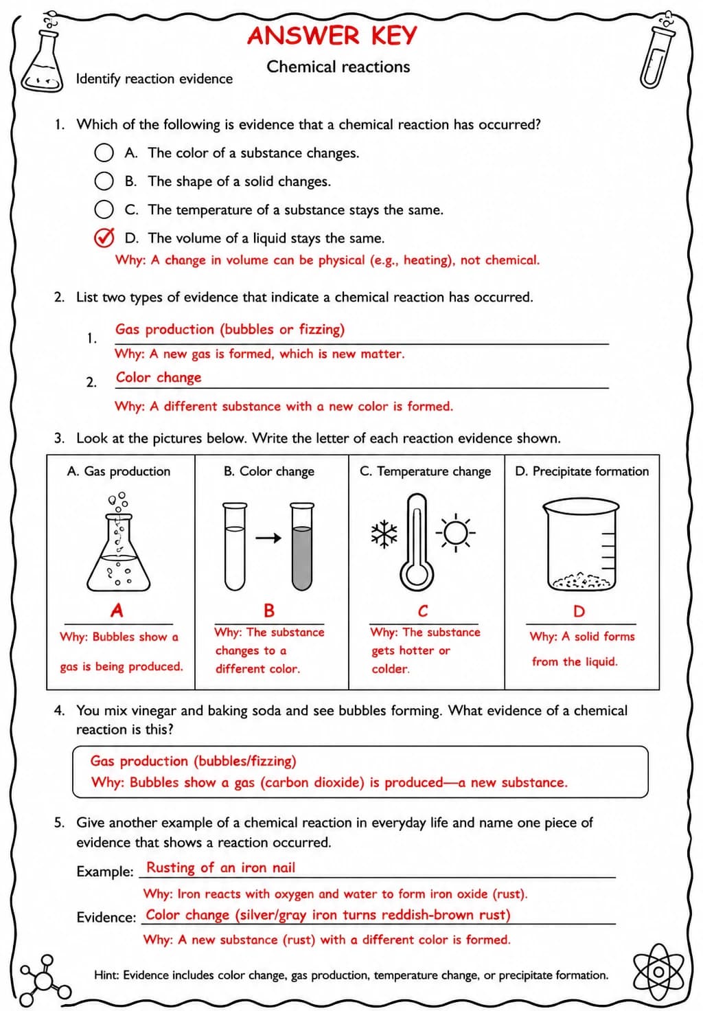 Answer key for Identify reaction evidence — free printable Science worksheet