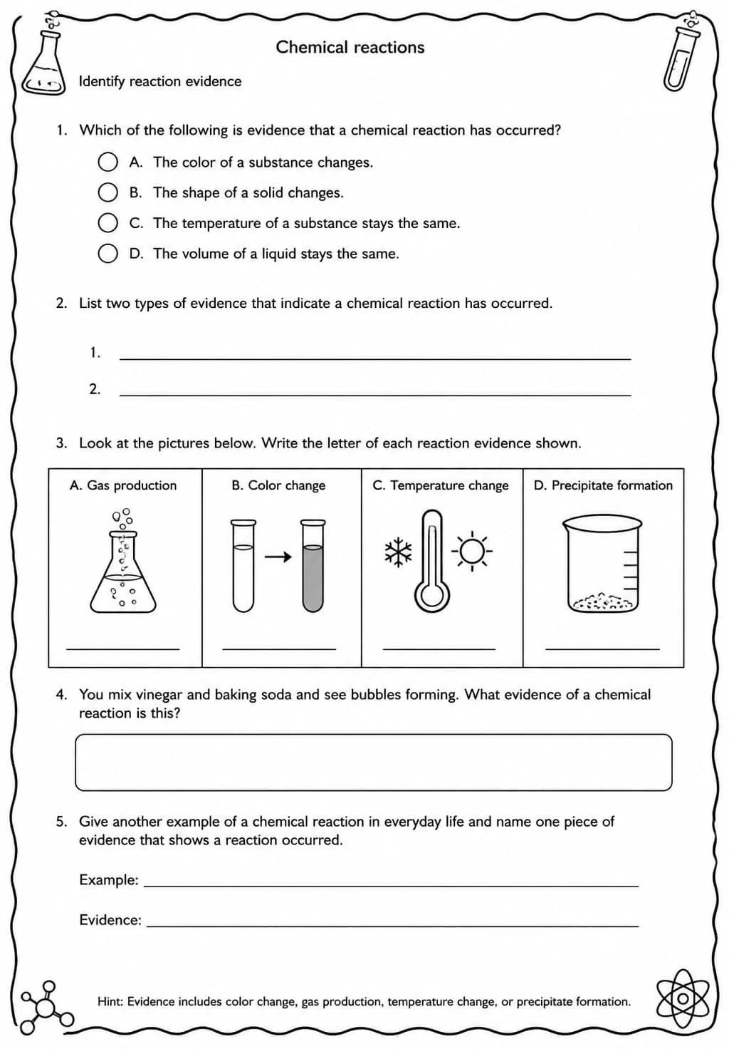Identify reaction evidence — free printable High School Science worksheet
