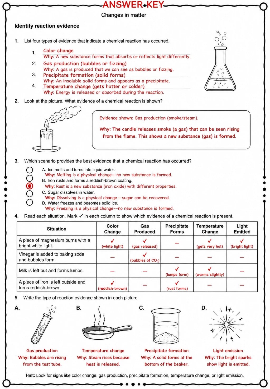 Answer key for Identify reaction evidence — free printable Science worksheet