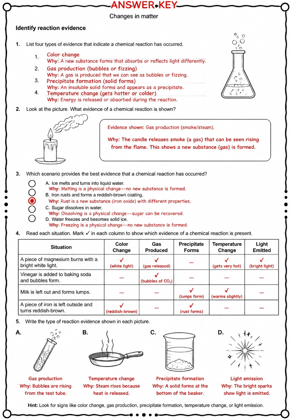 Answer key for Identify reaction evidence — free printable Science worksheet