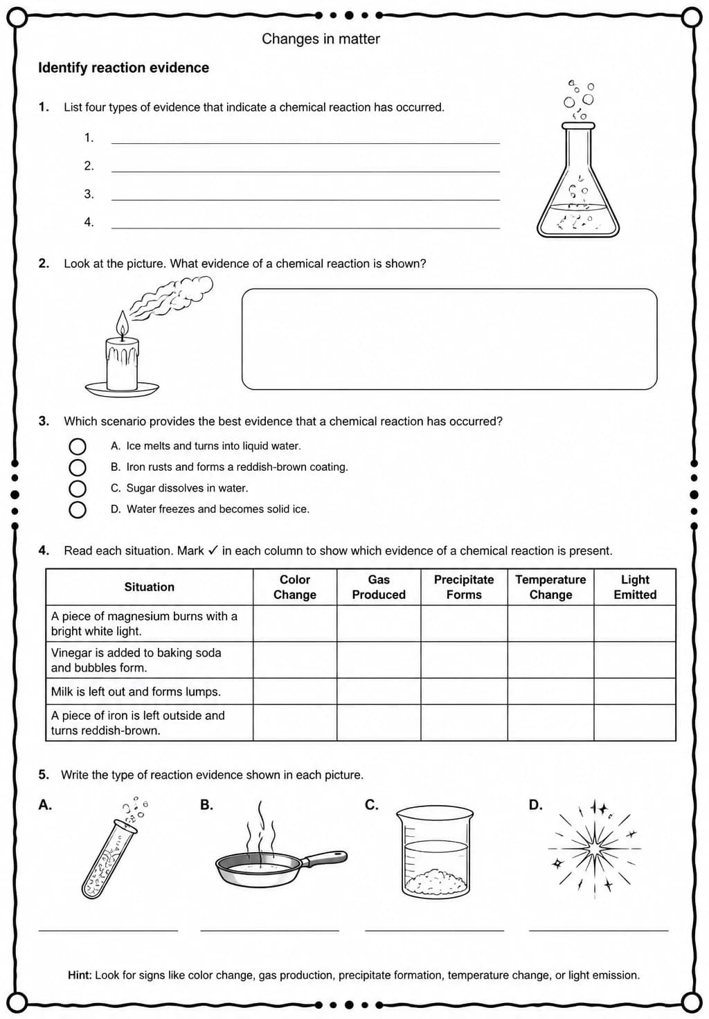 Identify reaction evidence — free printable Grade 5 Science worksheet