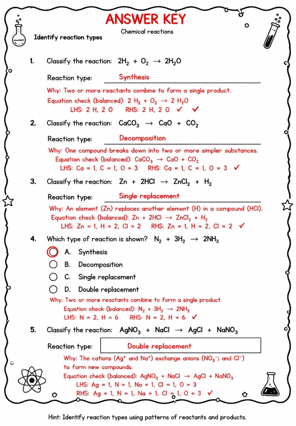 Answer key for Identify reaction types — free printable Science worksheet