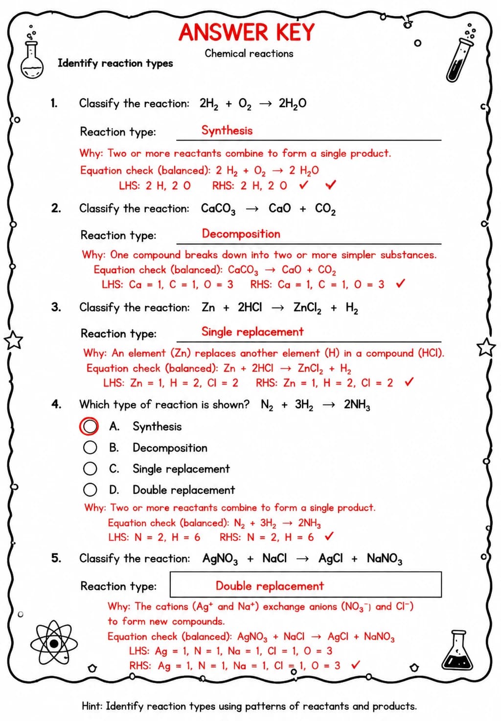 Answer key for Identify reaction types — free printable Science worksheet