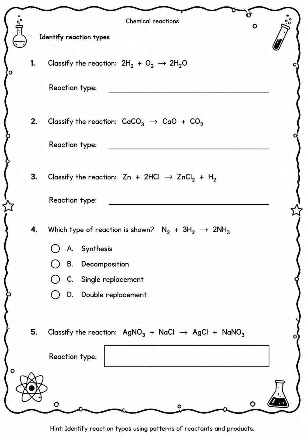 Identify reaction types — free printable High School Science worksheet