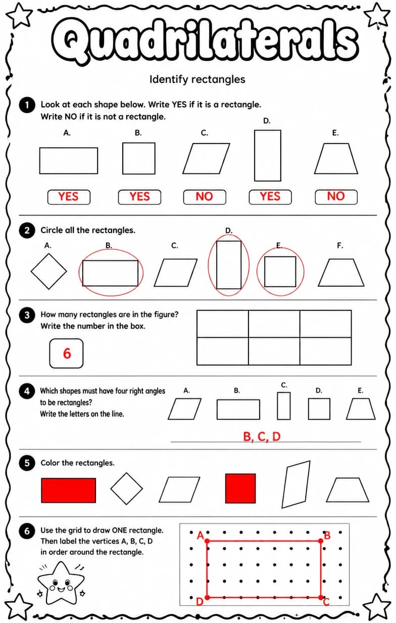 Answer key for Identify rectangles — free printable Math worksheet