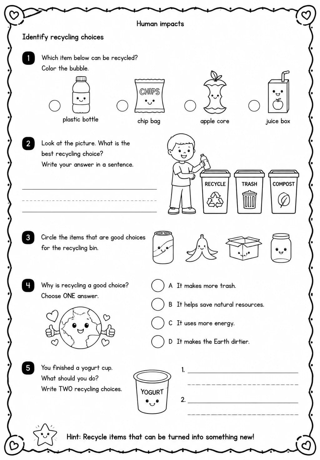 Identify recycling choices — free printable Grade 2 Science worksheet
