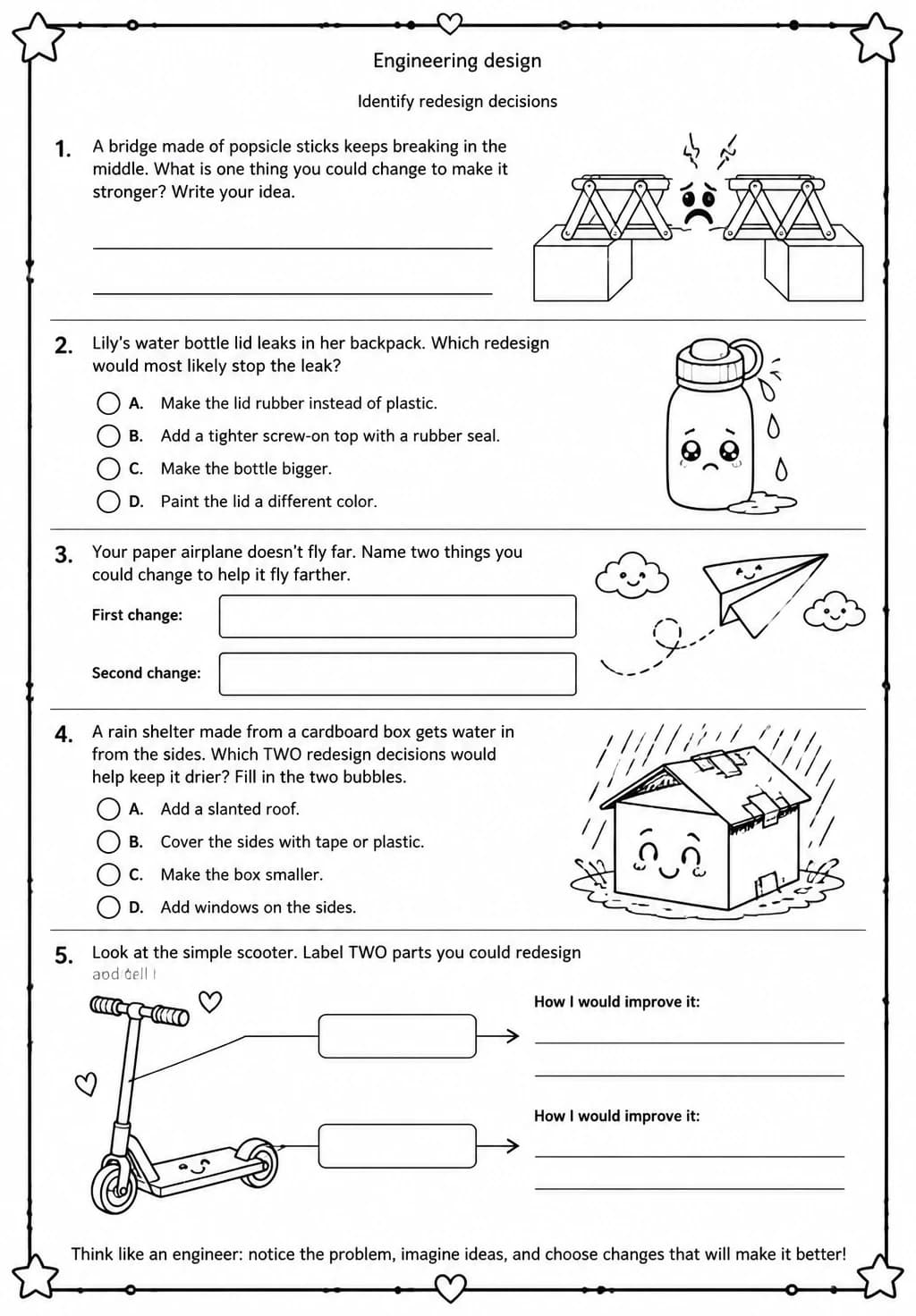 Identify redesign decisions — free printable Grade 3 Science worksheet