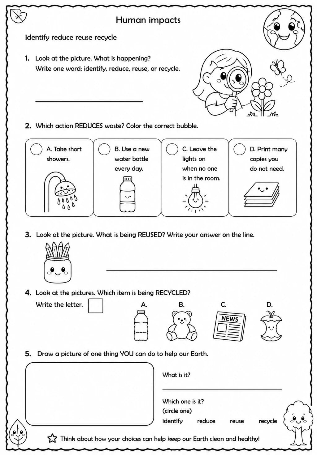 Identify reduce reuse recycle — free printable Grade 1 Science worksheet