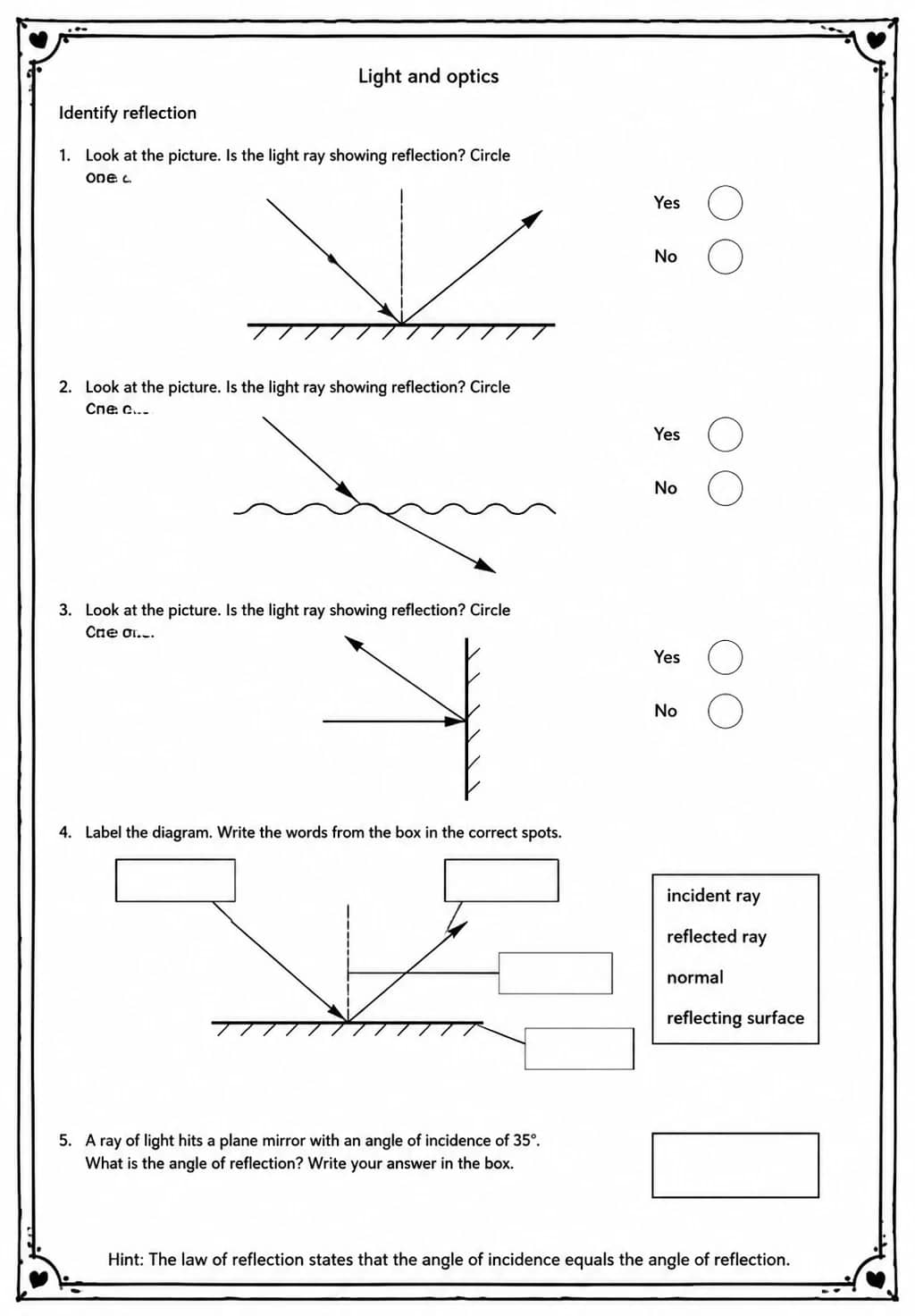 Identify reflection — free printable High School Science worksheet