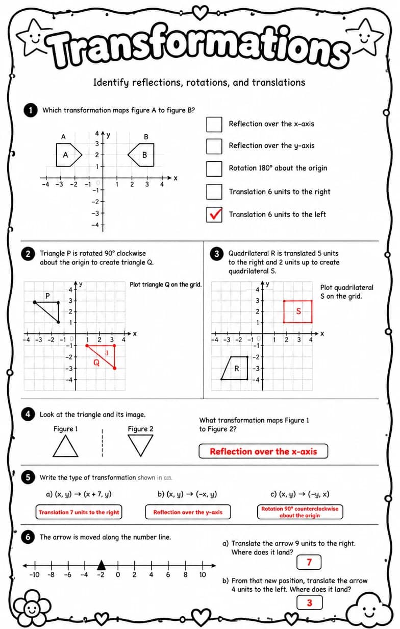 Answer key for Identify reflections, rotations, and translations — free printable Math worksheet