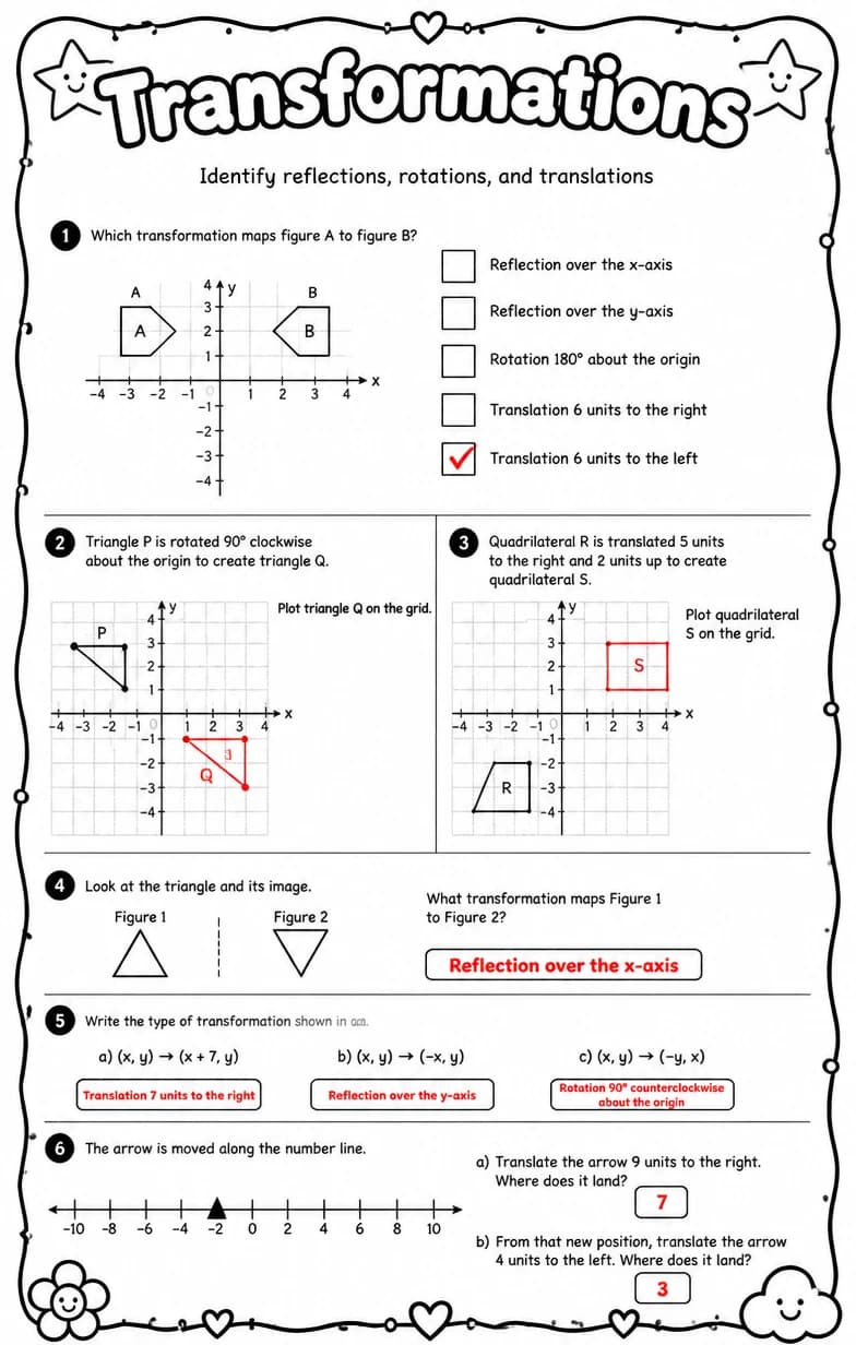 Answer key for Identify reflections, rotations, and translations — free printable Math worksheet